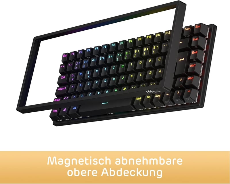 RK ROYAL KLUDGE RK84-DE 75% Kompakt Mechanikus Gamer Billentyűzet, Kék Kapcsolók, RGB Háttérvilágítás, Bluetooth/2.4GHz, Mac és Windows Komp