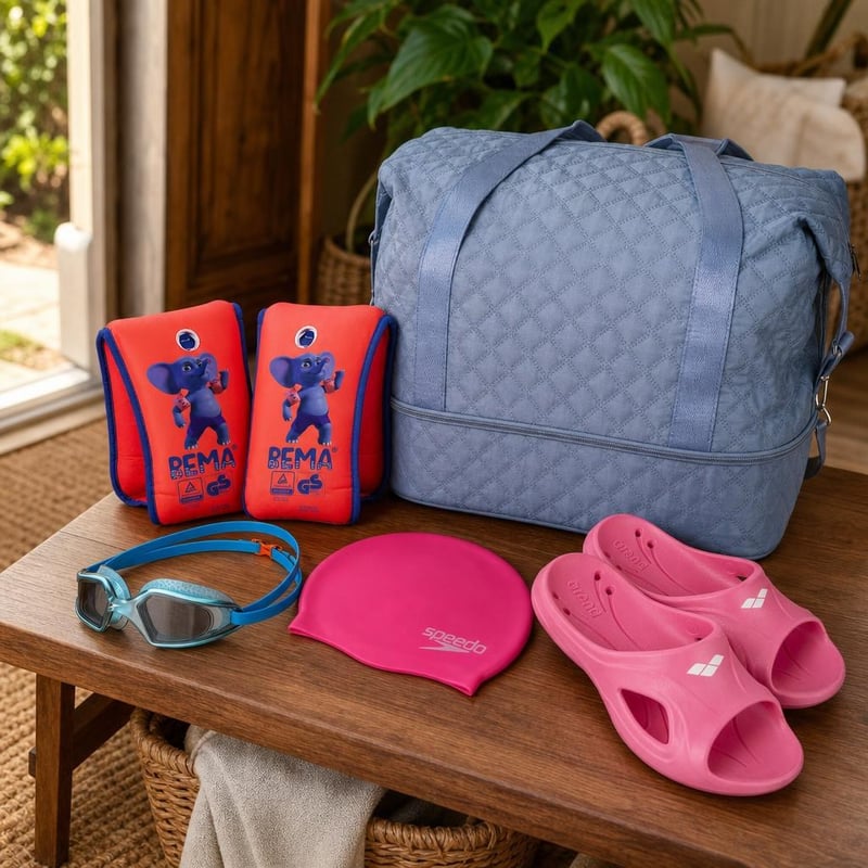 Set complet înot copii: aripioare + ochelari + cască + sandale + geantă