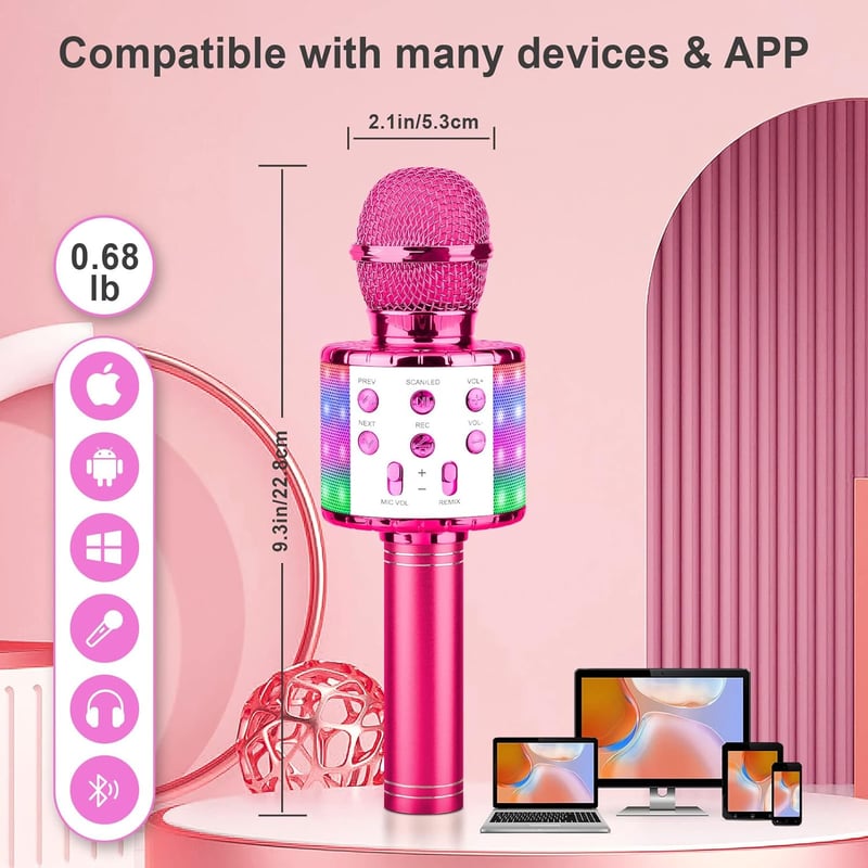 ShinePick 4 az 1-ben Lila Bluetooth Karaoke Mikrofon LED Fénnyel, Gyerekeknek 4-12 Éves Korig