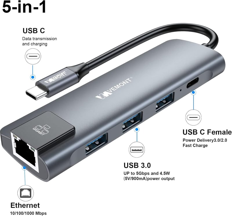 VEMONT 5-in-1 USB-C Hub Ethernet 1000Mbps, 3x USB 3.0, 100W Power Delivery