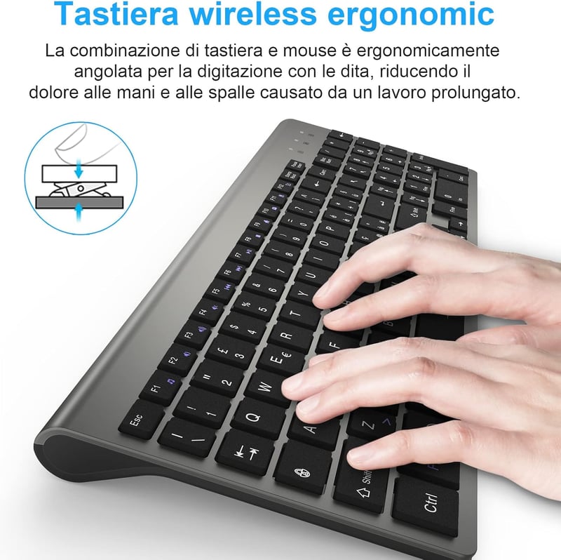 Olasz QWERTY vezeték nélküli billentyűzet és egér szett, ergonomikus, Windows/PC/Laptop