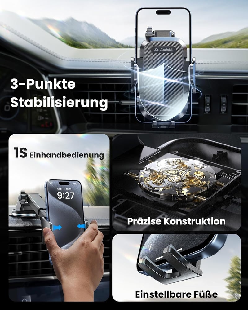 andobil 3-in-1 Univerzális Autós Telefontartó - Szellőzőrácsra és Szélvédőre, Karbon Fekete, iPhone Samsung Huawei Xiaomi Kompatibilis