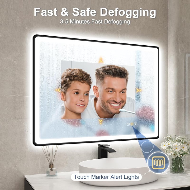 STARLEAD Fürdőszobai Tükör Szabályozható LED Világítással, 3 Színhőmérséklet, Páramentesítő, Bluetooth Hangszóró, Edzett Üveg, 80x60 cm, Fek