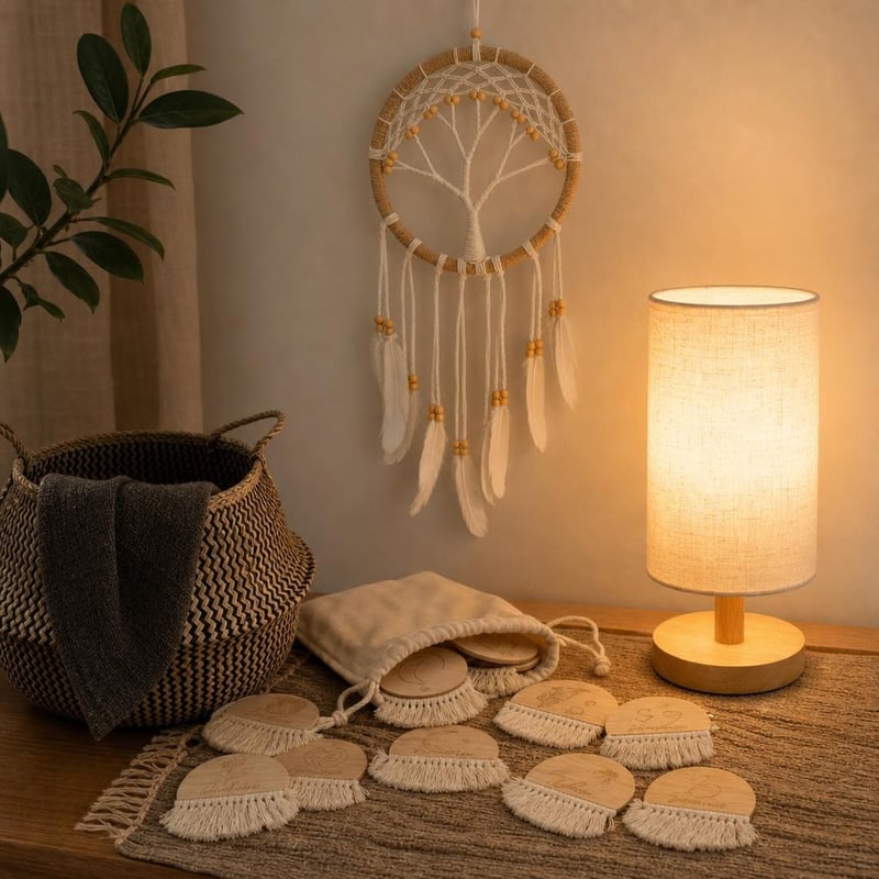 Boho set za dječju sobu: hvatač snova stablo života + bež lampa + 26 kartica za fotografiranje bebe