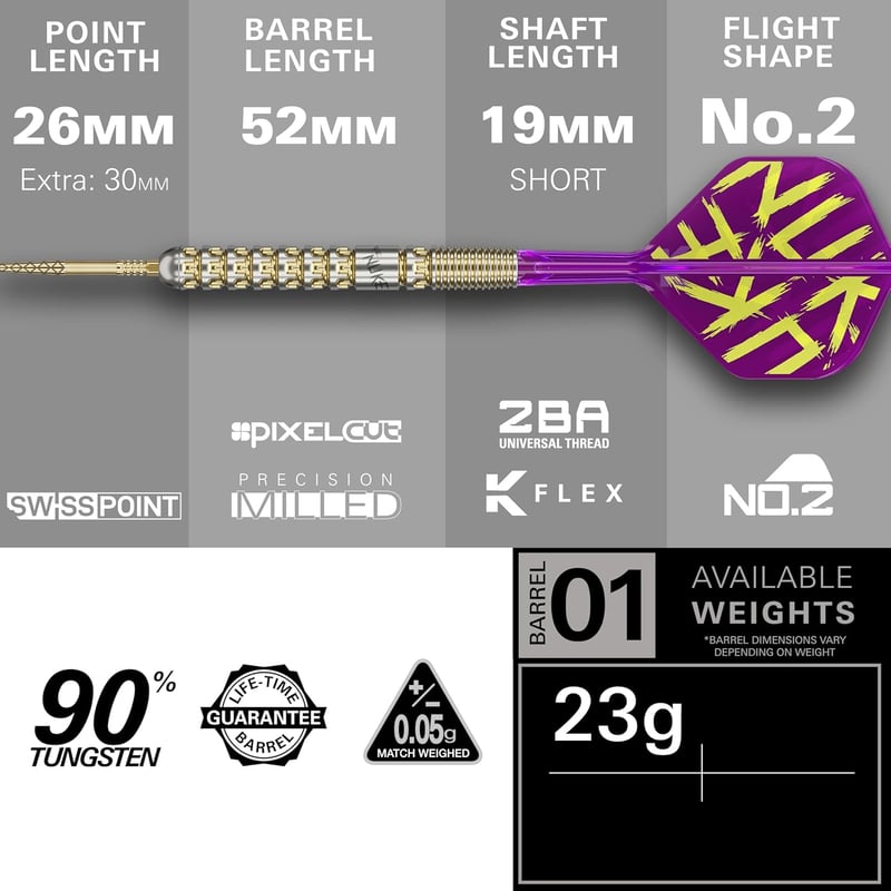 Target Darts Luke Littler Gen 1 Prodigy 90% Tungsten Darts Nyíl Készlet 22G - Arany Acél Hegyekkel, K-Flex Szárnyakkal, Swiss Point Technoló