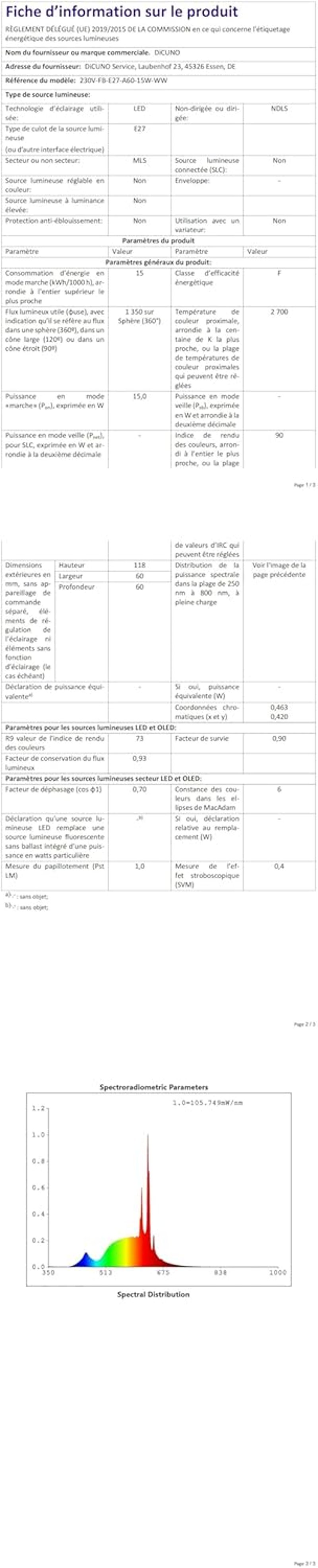 DiCUNO E27 LED Izzó 15W, 100W Helyettesítő, 2700K Meleg Fehér, 1350lm, A60 Matt, CRI 90, Energiatakarékos, Beltéri Világítás, 6 Darabos Csom