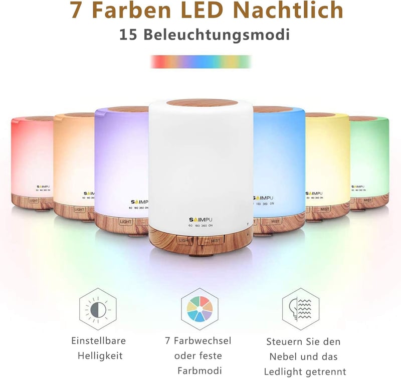 Aroma Diffúzor 300ml - Ultrahangos Párásító 7 LED Színnel, Automatikus Kikapcsolással