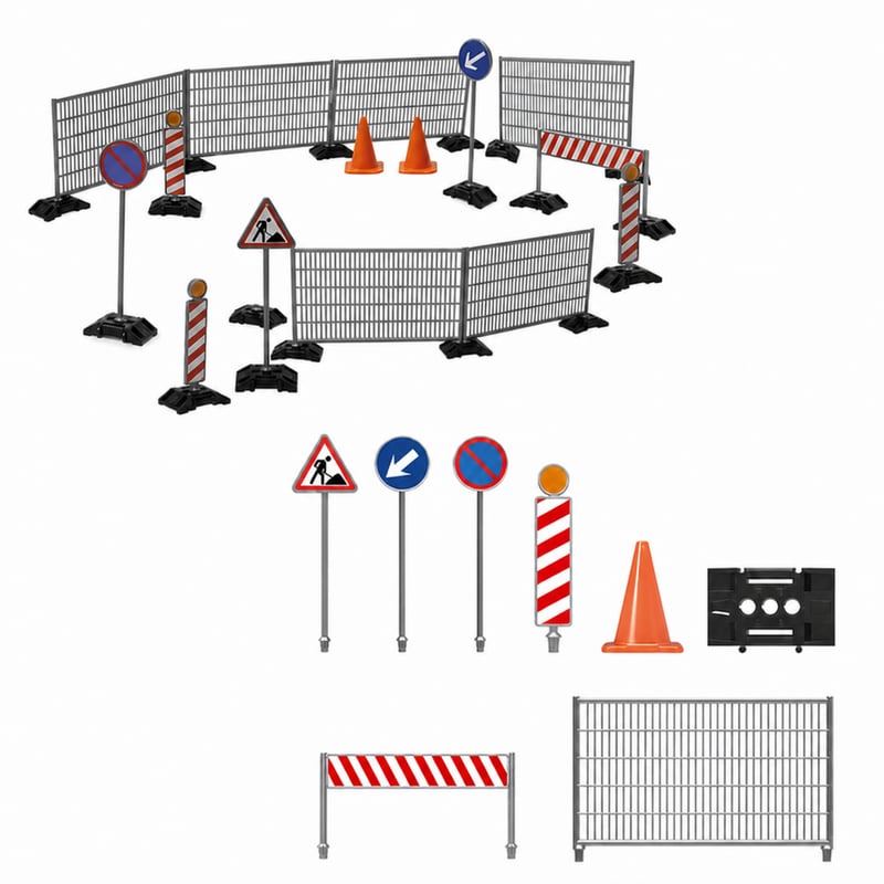 Set de joacă șantier de construcții JAMARA 412413, scară 1:20 – garduri, bariere, indicatoare de avertizare, jaloane – set incomplet, piesă de expunere — set de 30 de piese