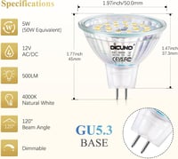 DiCUNO GU5.3 LED Izzó 5W - Dimmelhető MR16 Spotlámpa, Természetes Fehér 4000K, 500LM, 50W Halogén Helyettesítő, 120° Szórási Szög, Beltéri S 2