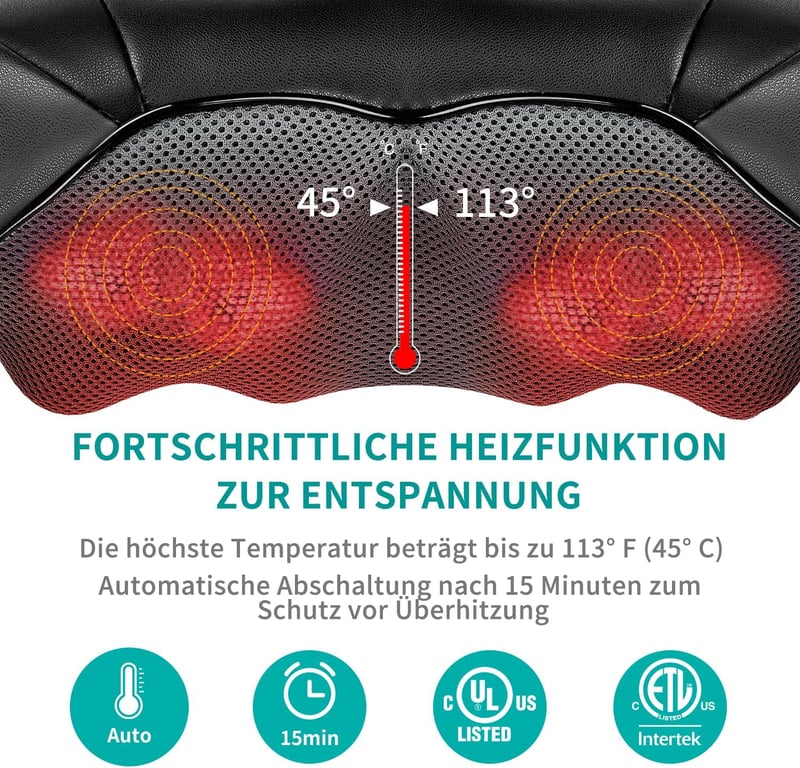 Nekteck Shiatsu Masszírozó Párna Melegítő Funkcióval - Nyak, Váll, Hát és Derék Masszázs Autóban és Irodában, Sebességszabályzóval, Fekete - Black