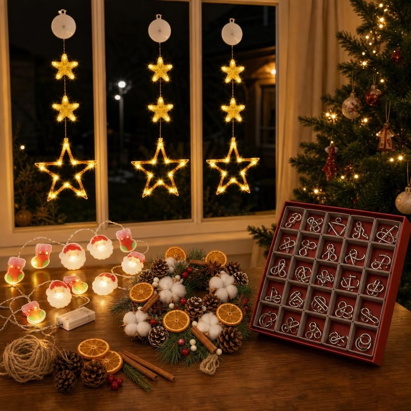 Božićna čarolija: 3x LED zvijezde + DIY vijenac + 10 LED lampica + 24 metalne mozgalice