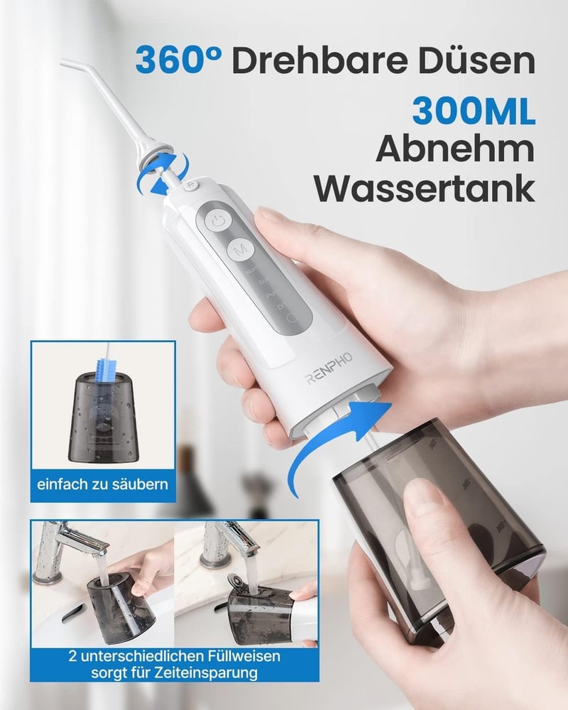 RENPHO vezeték nélküli szájzuhany 4 móddal, 300ml tartállyal, IPX7 vízálló
