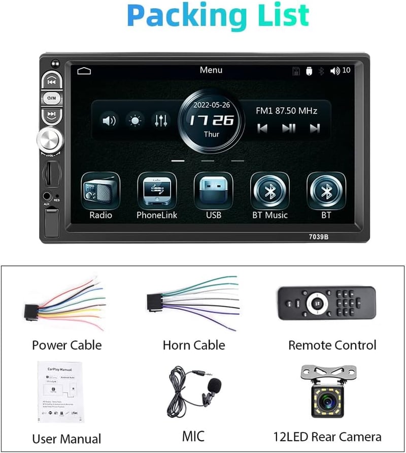 Podofo 1 DIN Autórádió 7" Érintőkijelzővel - Apple CarPlay és Android Auto Támogatás, Bluetooth Kihangosító, FM Rádió, Tolatókamera