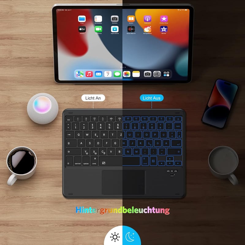 Emetok 7 színű háttérvilágítású német QWERTZ Bluetooth billentyűzet trackpaddal iPad-hez