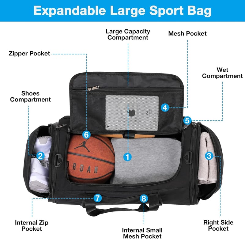 Tolaccea 54-72L Bővíthető Sporttáska Cipőtartóval - Unisex Edzőtáska Utazáshoz, Edzőterembe (Fekete)