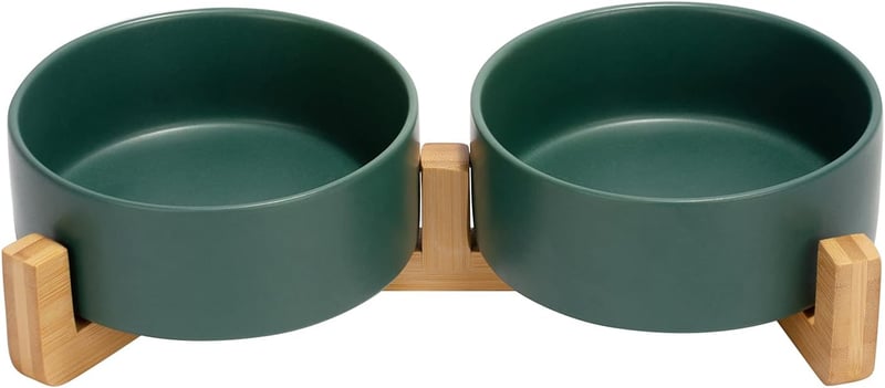 SPUNKYJUNKY Zöld Kerámia Dupla Etetőtál Kutyáknak és Macskáknak Bambusz Állvánnyal (400ml)