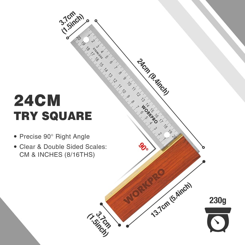 WORKPRO Asztalos Derékszög Készlet - 200mm-es Próbaderékszög és 230mm-es Állítható Szögmérő Keményfa Nyéllel, Rozsdamentes Acél Pengével Bar