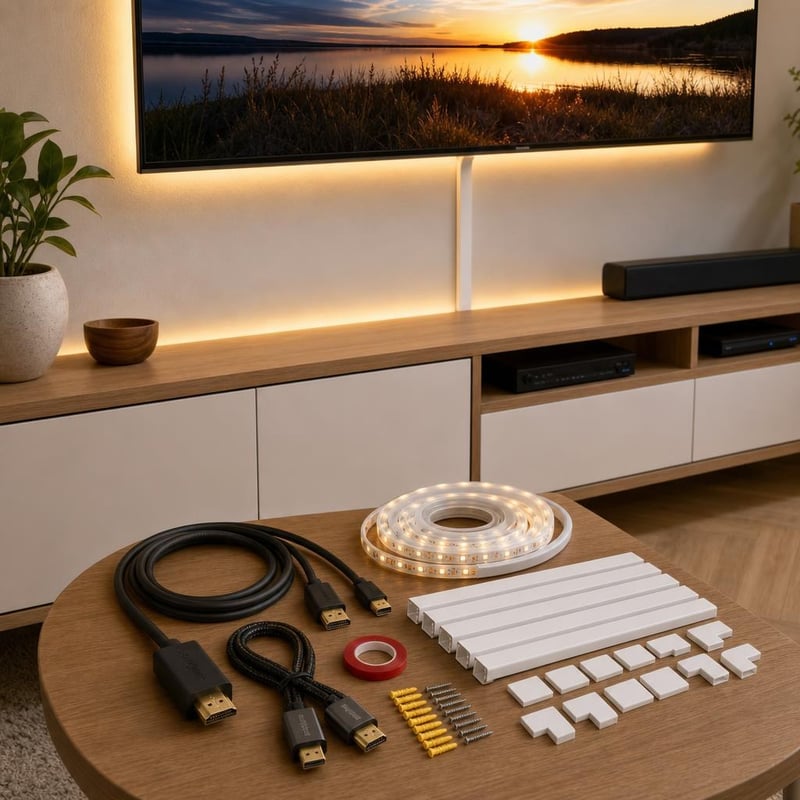 Rendezett mozi kábelcsomag: Mini DisplayPort–HDMI kábel + 10 db kábelcsatorna + HDMI 2.1 kábel + 6 m LED