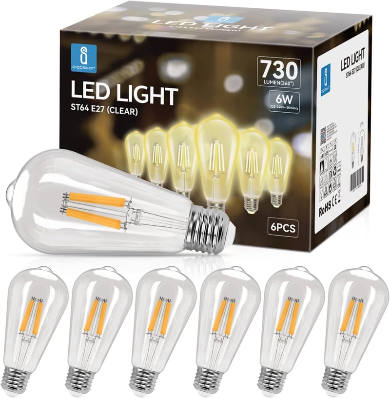 Aigostar E27 LED filament izzó, 6W, meleg fehér, vintage ST64, 6 db csomag
