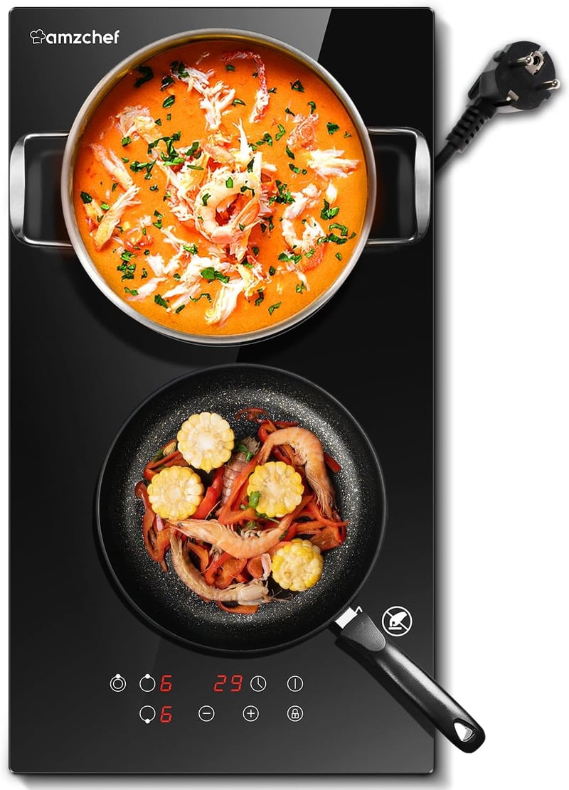 AMZCHEF 77 cm-es Beépíthető Üvegkerámia Főzőlap 5 Zónával - Ovális és Tripla Zónás, 9 Teljesítményszint, Időzítő, Biztonsági Zár, 8500W