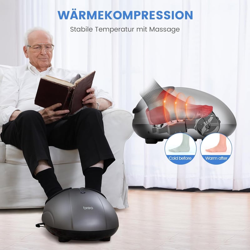 Breo elektromos lábmasszírozó gép melegítéssel, shiatsu és légkompresszió, 46-os méretig
