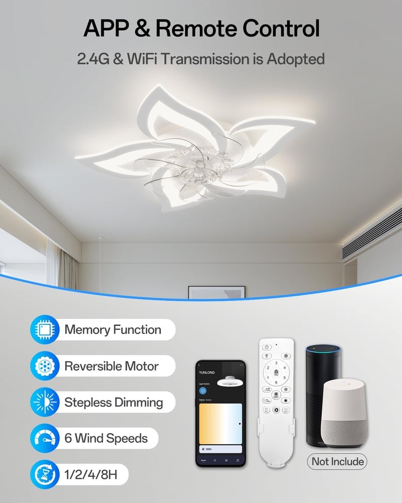 YUNLONG Mennyezeti Ventilátor LED Világítással - Alexa és Google Kompatibilis, Csendes DC Motor, Szabályozható, 6 Sebességes, Nyári-Téli Üze