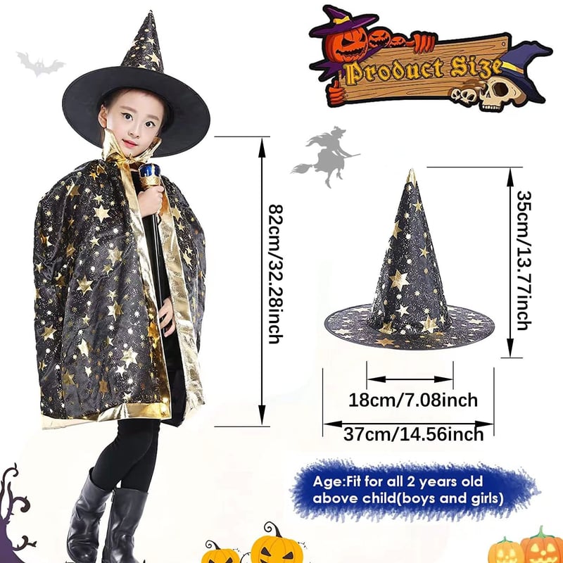 Gyerek Varázsló Köpeny Kalappal - Halloween Boszorkány Jelmez