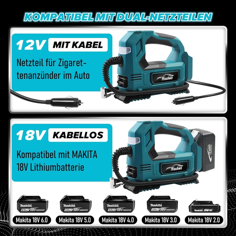 MaxAwe Akkumulátoros Kompresszor Makita 18V kompatibilis - Vezeték Nélküli Pumpa Autókhoz, Motorokhoz, Biciklikhez