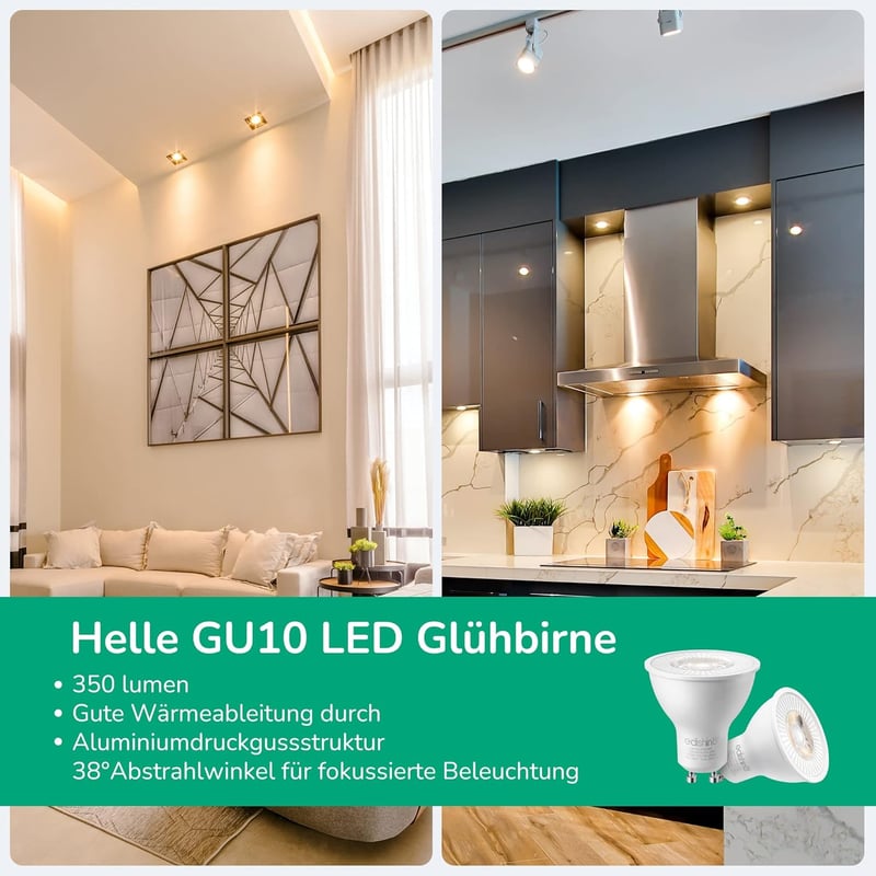 EDISHINE GU10 LED Spotlámpa, 2700K Meleg Fehér, Dimmelhető, 38° Szögű Fénysugár, 5W/350 Lumen, 50W Helyettesítő, Beltéri Világítás, 10 db