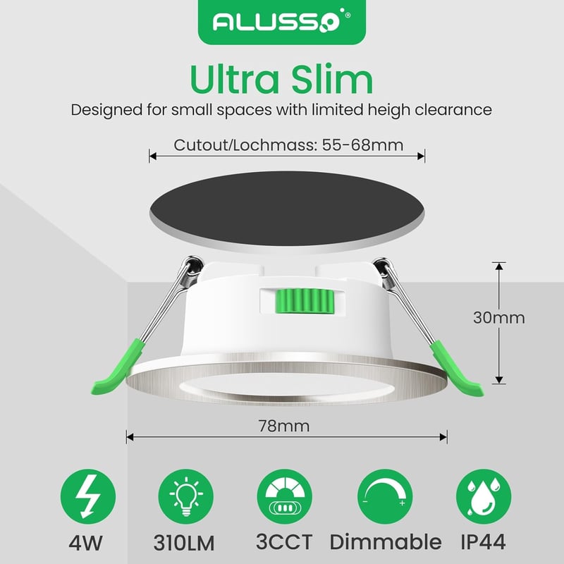 ALUSSO LED Süllyesztett Mennyezeti Spotlámpa Szett, 230V, Dimmelhető, 68mm, 4W, IP44, 3 Színhőmérséklet, Fürdőszobába, Konyhába, 12db