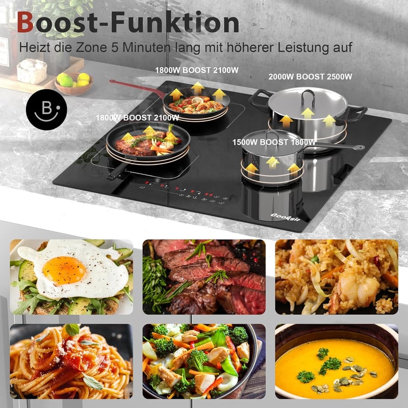 Cooksir 60 cm-es Indukciós Főzőlap 4 Zónával - Rugalmas Kombinált Felülettel, 3500W Teljesítmény, Üvegkerámia, Önálló Beépíthető