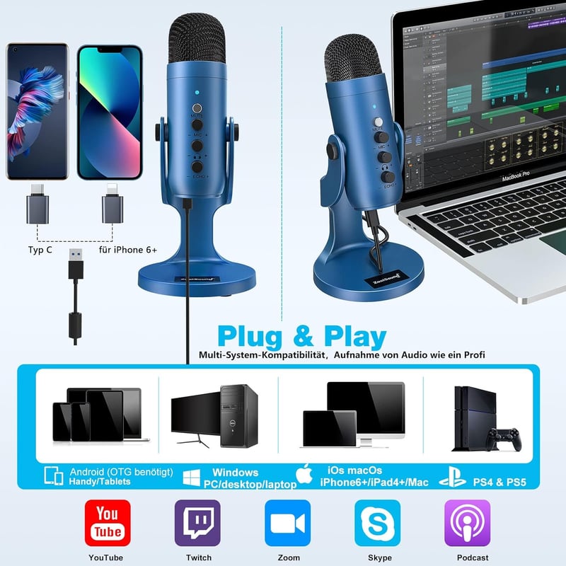 ZealSound K66 Kék USB Kondenzátor Mikrofon PC-hez és Telefonhoz - Streaming, Podcast, Gaming