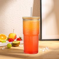 Vitever 2db-os Bubble Tea pohár szett 600ml, csíkos üveg fedéllel 8