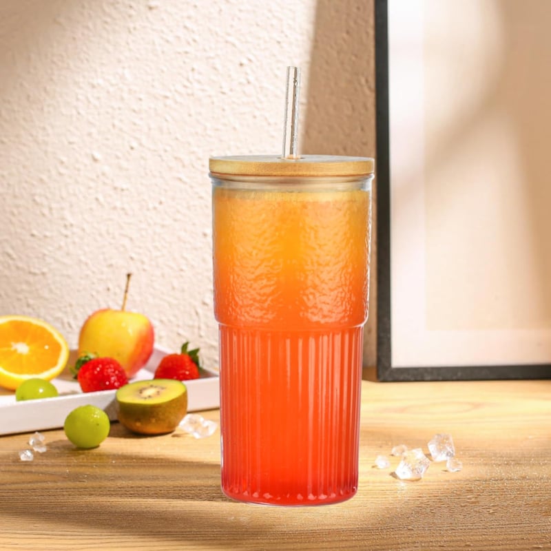 Vitever 2db-os Bubble Tea pohár szett 600ml, csíkos üveg fedéllel