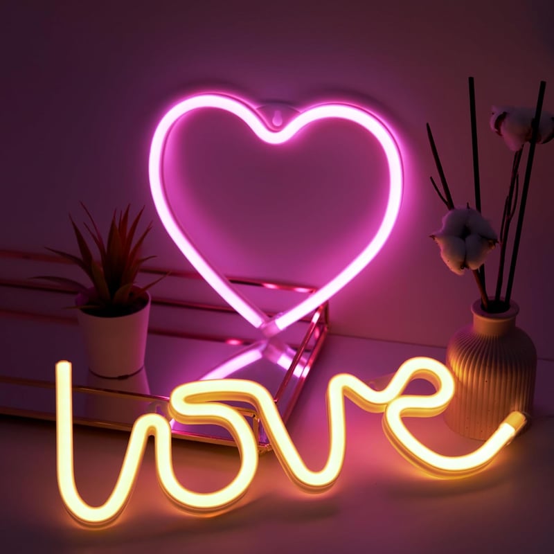 NELUX Szív és Love LED Neon Fali Dekoráció Szett - USB/Elemes Működés, Hálószobába, Valentin-napi Ajándék, Szilikon Anyag, 30.000 Órás Élett