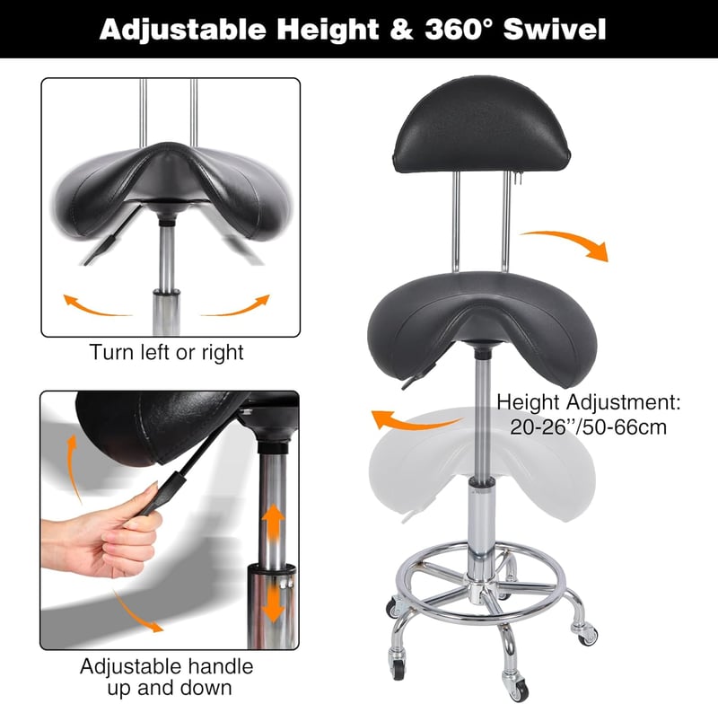 REDCAMP Ergonomikus Nyeregszék Görgőkkel és Háttámlával - 360° Forgatható, Állítható Magasságú Irodai Szék, 180 kg Teherbírás, Csendes Kerek
