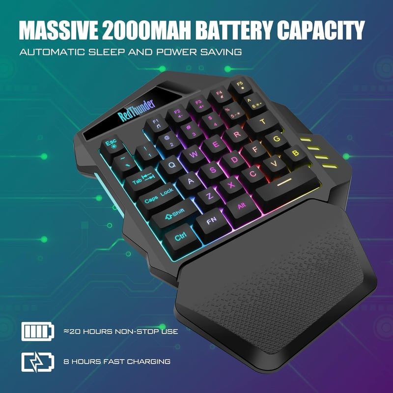 RedThunder G60 Vezeték Nélküli Egykezi Gamer Billentyűzet, 2000 mAh Akkumulátor, RGB Háttérvilágítás, Ergonomikus, PC/Mac/PS5 Kompatibilis - Wireless