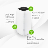 Zyxel FWA505 5G Beltéri Router | 4.67 Gbps | AX1800 WiFi 6 | Nebula Felhőkezelés | 64 Eszköz | Dual WAN | Gigabit LAN | Otthoni és Kisvállal - WiFi 6 | AX1800 | Indoor | 5G 4