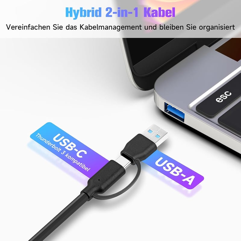 RSHTECH USB C 3.2 Hub 7 Portos Aktív Tápegységgel, 10 Gbps Adatátvitel, 3x Type-C + 4x USB 3.0 Port, Érintős Kapcsoló, 100cm Kábel
