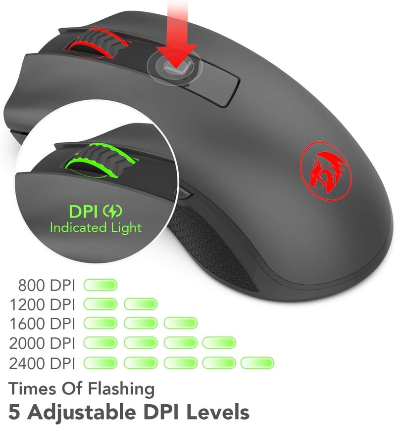Redragon M652 vezeték nélküli optikai egér 6 gombbal, 5 DPI-fokozattal, PC és laptop kompatibilis