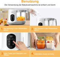 BEAR Bébiétel Készítő - Automata Párolás és Aprítás, 400ml Tritan Edény, BPA-mentes, Öntisztító Funkció, Bébiétel Főző Fehér Színben - White 5