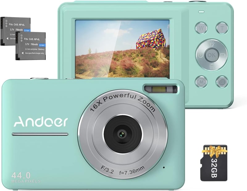 Andoer Digitális Fényképezőgép 44MP, 1080P HD Videó, 16X Zoom, 2.5" IPS Kijelző, 32GB SD Kártyával, 2 Akkumulátorral, Mentazöld