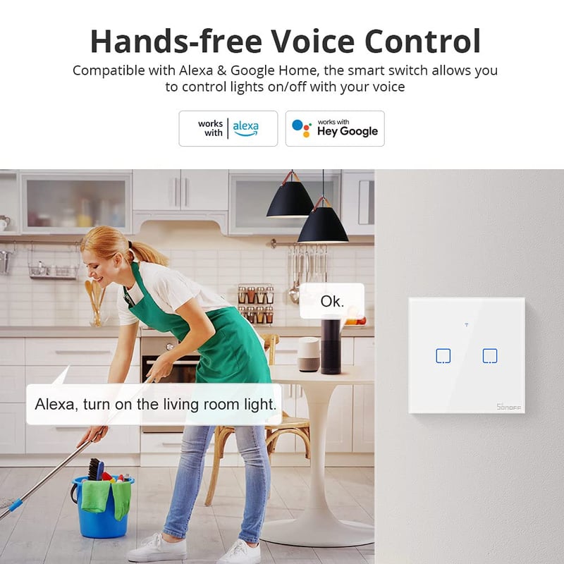 SONOFF T0EU2C 2-csatornás WiFi-s okos fali villanykapcsoló, Alexa és Google Home kompatibilis