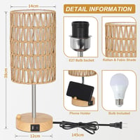 Rayofly Érintésvezérelt Éjjeli Lámpa Szett - 2 db Rattan Búrás Vintage Asztali Lámpa USB-A/C Töltővel, LED Izzóval, Bohém Stílusban Hálószob 2