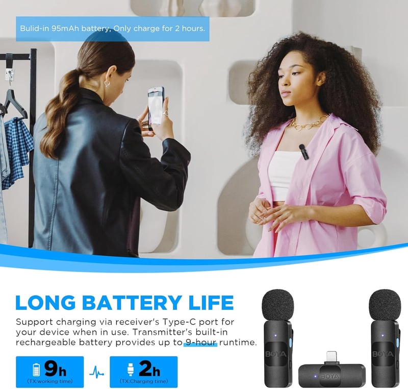 BOYA BY-V2 Vezeték nélküli mikrofon iPhone-hoz, 2.4GHz klip mikrofon vlogging YouTube videózáshoz