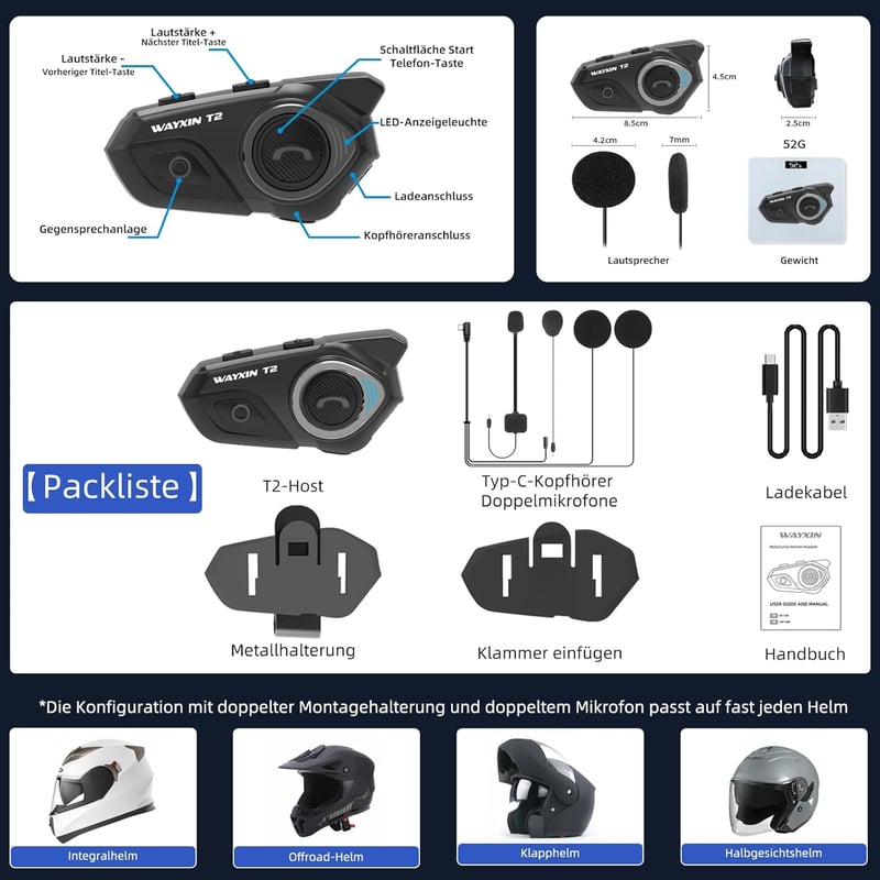 WAYXIN T2 Motoros Bluetooth Headset - 300m Hatótávolságú Sisak Kommunikációs Rendszer, Vízálló, Kihangosító Hívás, Hangvezérlés, 15 Órás Üze