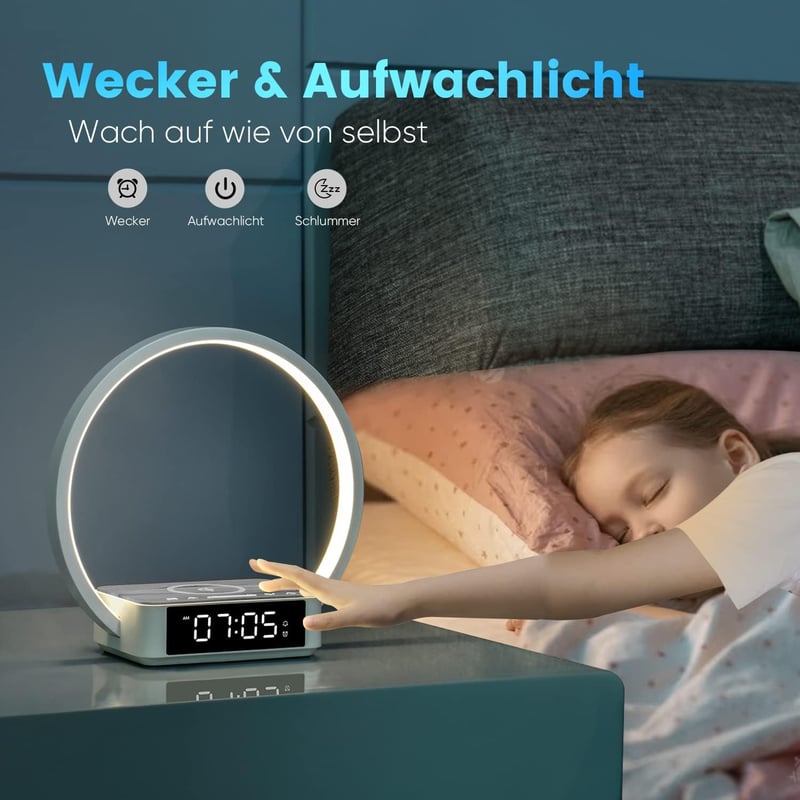 WILIT LED éjjeli lámpa 10W vezeték nélküli töltővel, ébresztő funkcióval, 3 fényerőszinttel - szürke