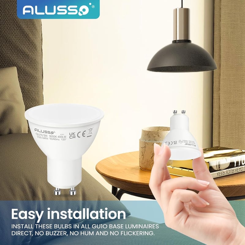 ALUSSO LIGHTING GU10 LED Izzó 5W, Hideg Fehér 6000K, 400 Lumen, 120° Szórási Szög, 50W Halogén Helyettesítő, Energiatakarékos, Villódzásment