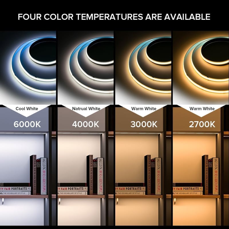 FCOB Természetes Fehér LED Szalag 4000K - Nagy Fényerejű COB 480LED/m, IP65 Vízálló, 5M, 24V, CRI90+, Szabható, Dekorációs Világítás