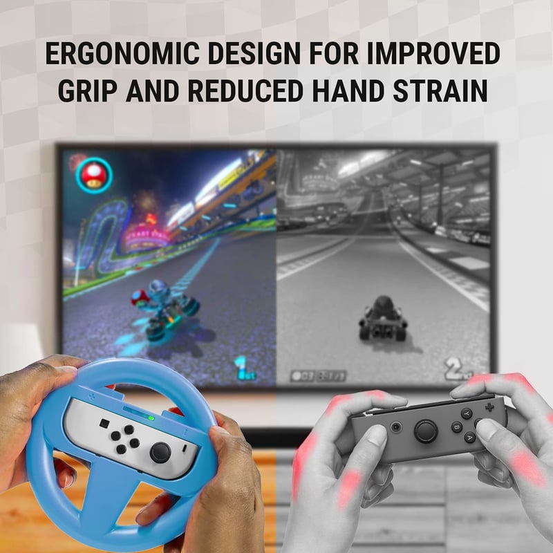 Orzly Nintendo Switch kormánykerék szett - 2 darabos kék és piros Joy-Con tartó kiegészítő Mario Kart játékhoz - valósághű versenyzési élmén